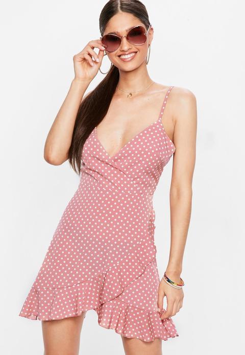 Pink Wrap Front Polka Dot Cami Dress, Mauve