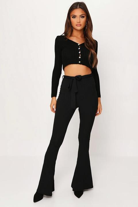 Black Ribbed Tie Waist Flare Trousers