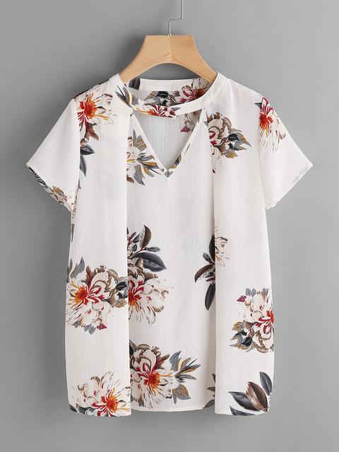 Blusa A Fiori Con Scollo Choker A V