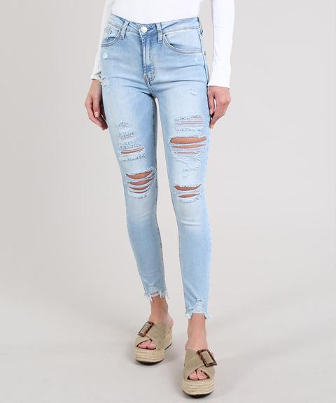 Calca Jeans Feminina Skinny Destroyed Com Bolsos Azul Claro From C A On 21 Buttons