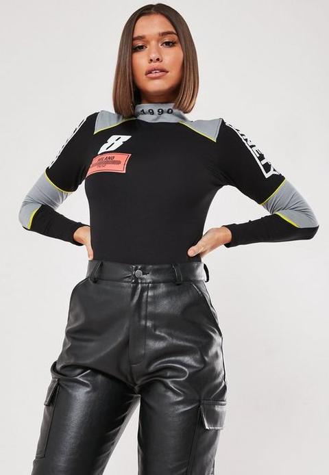 Black Motorcross High Neck Bodysuit, Black