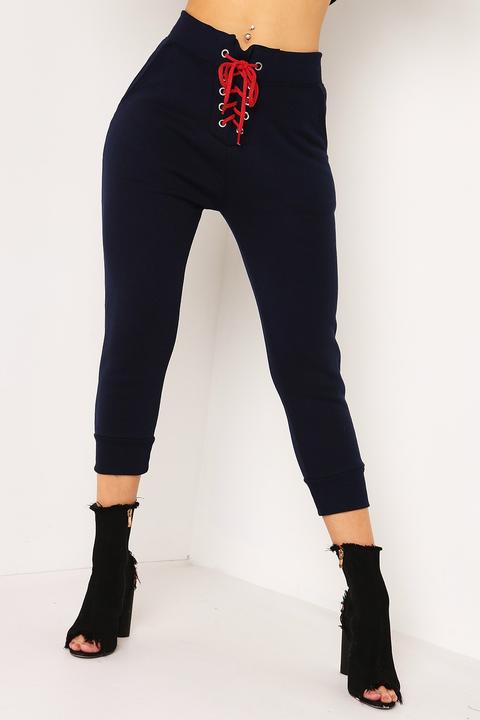 Navy Contrast Lace Up Cropped Joggers