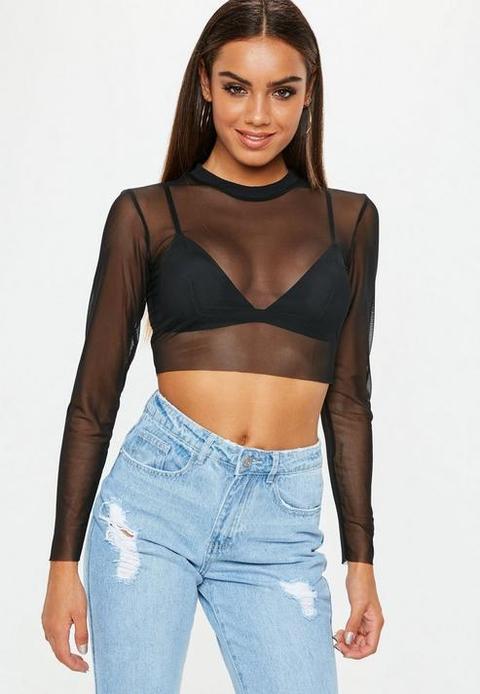 Black Fishnet Mesh Ribbed Neck Crop Top, Black