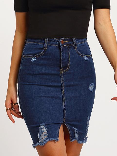 Navy Ripped Split Denim Skirt