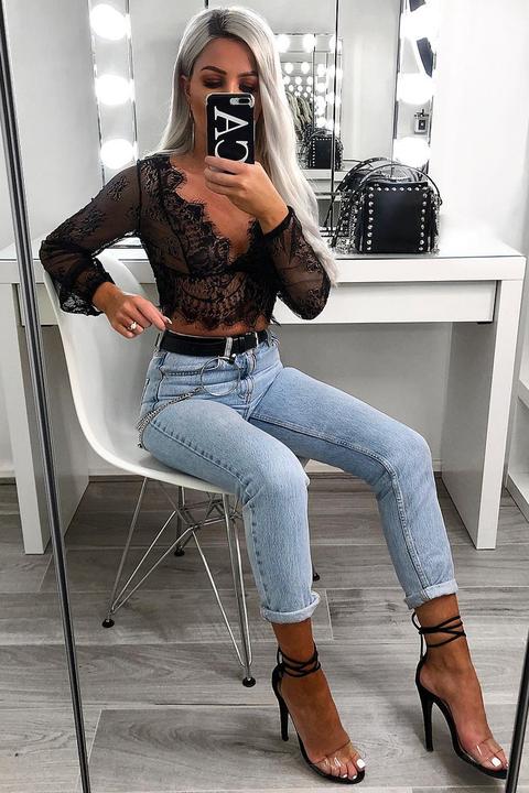 black sheer lace long sleeve top