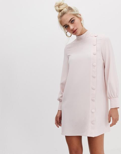 River Island - Vestito Svasato E Accollato Rosa Chiaro Con Bottoni Laterali - Rosa