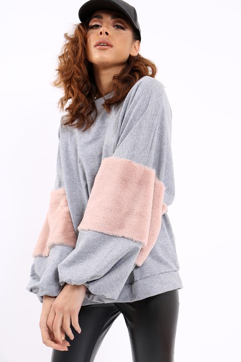 Grey Jumper With Fur Sleeves - Stephanie