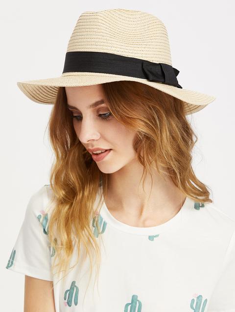 Bow Detail Straw Fedora Hat