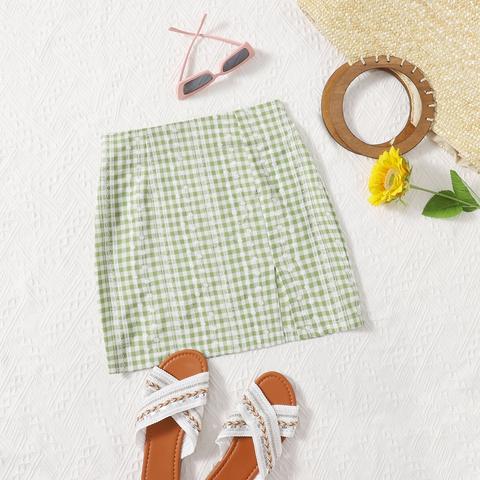 Embroidered Flower Gingham Skirt