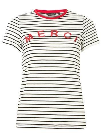 Womens Ivory Striped 'merci' Motif T-shirt- White, White