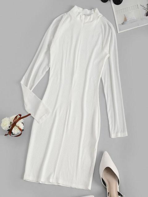 Long Sleeve Ribbed Mesh Sleeve Bodycon Dress White