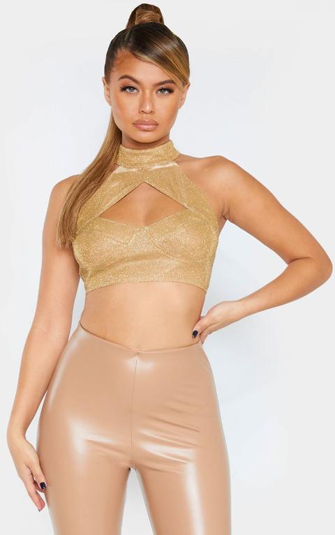 Gold Glitter High Neck Diamond Cut Out Crop Top