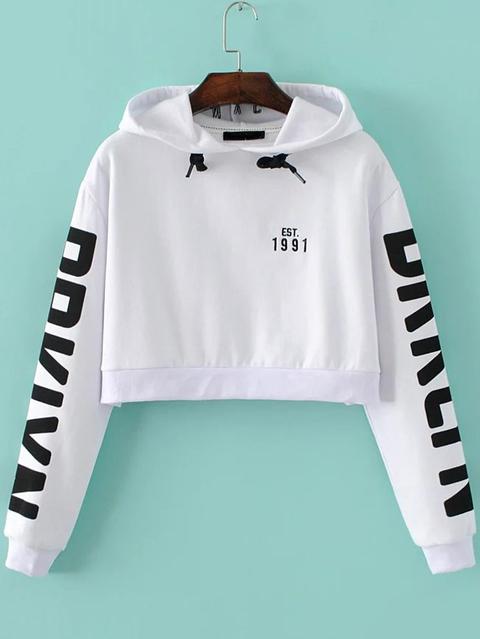 Sudadera Corta Con Capucha Y Estampado De Letras Blanco