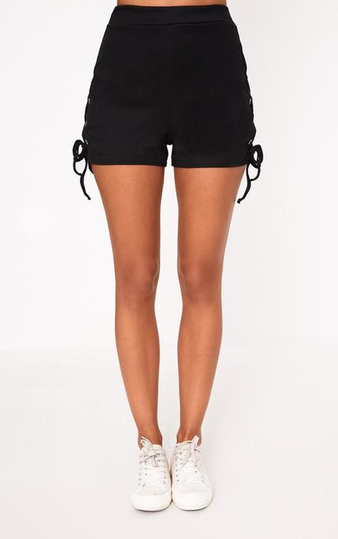 Black Ribbed Lace Up Shorts