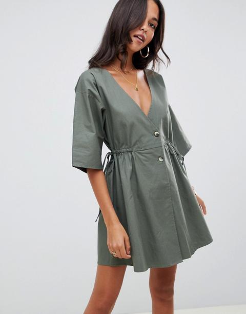 Asos Design - Vestitino Grembiule Con Scollo A V Sul Davanti E Sul Retro E Bottoni - Verde