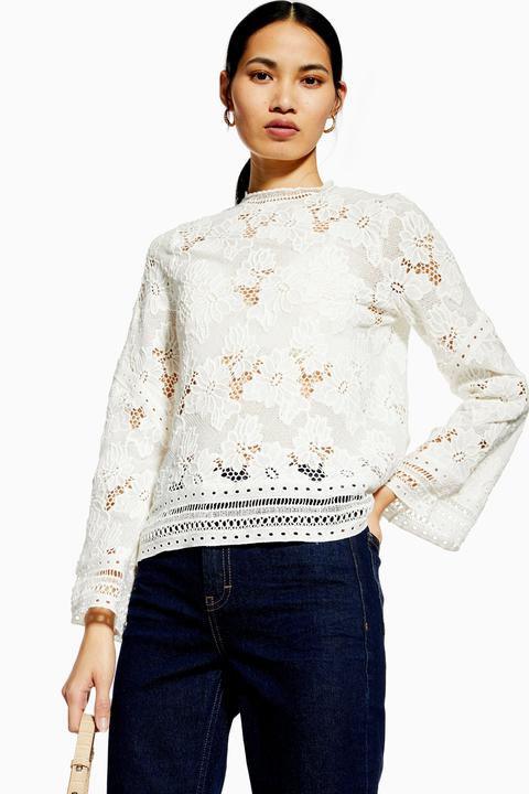 Womens Lace Floral Long Sleeve Top - Ivory, Ivory