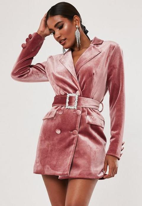 Rose Velvet Diamante Belt Blazer Dress, Rose Pink