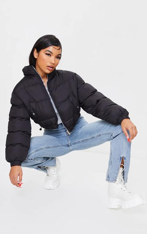 Black Cropped Elastic Hem Bubble Puffer Jacket