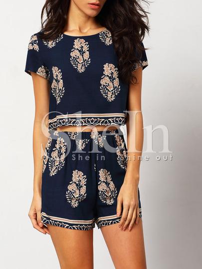 Top Manga Corta Hojas Crop Con Shorts -marino