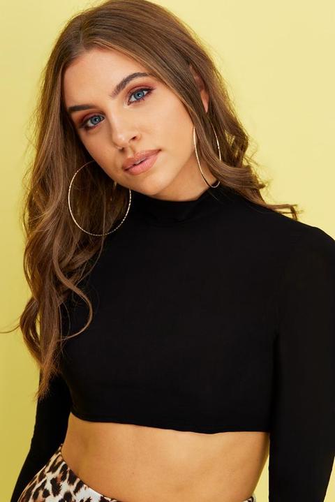 Black Long Sleeve Fitted Crop Top