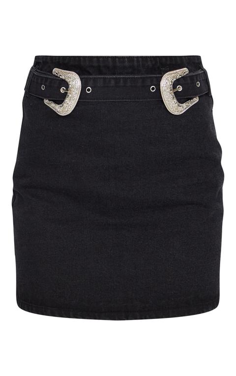 Washed Black Western Buckle Zip Through Skirt