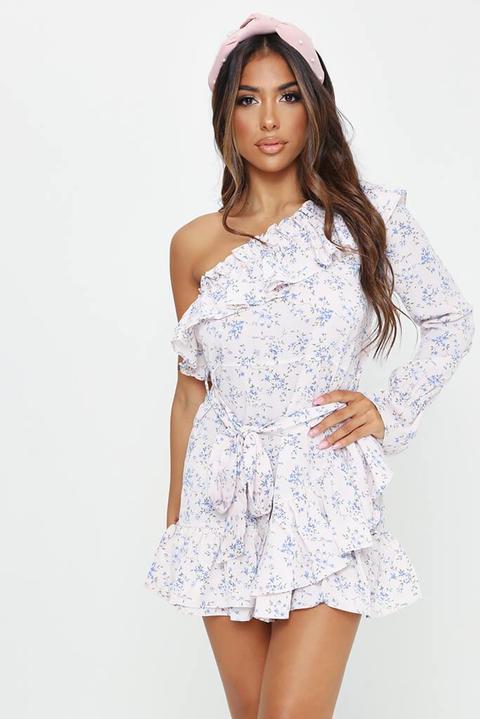 White Ditsy Floral One Shoulder Tea Dress