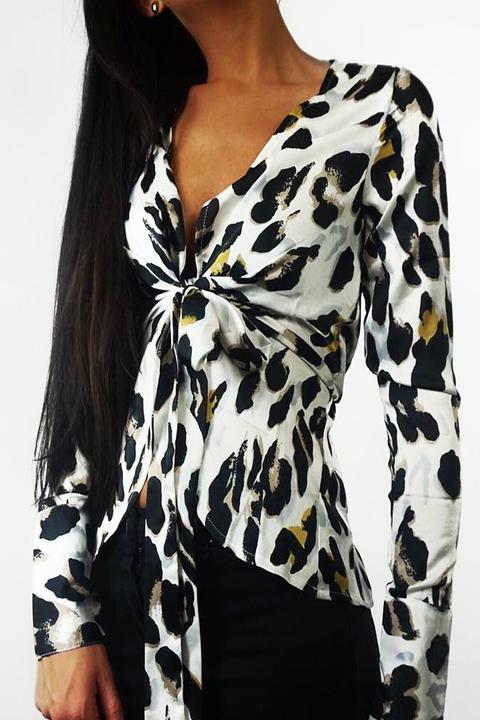 White Leopard Plunge Tie Front Shirt - Halina