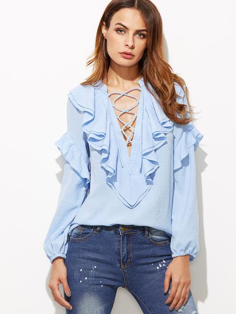 Blusa Con Escote V Profundo Y Cordón De Volantes Azul