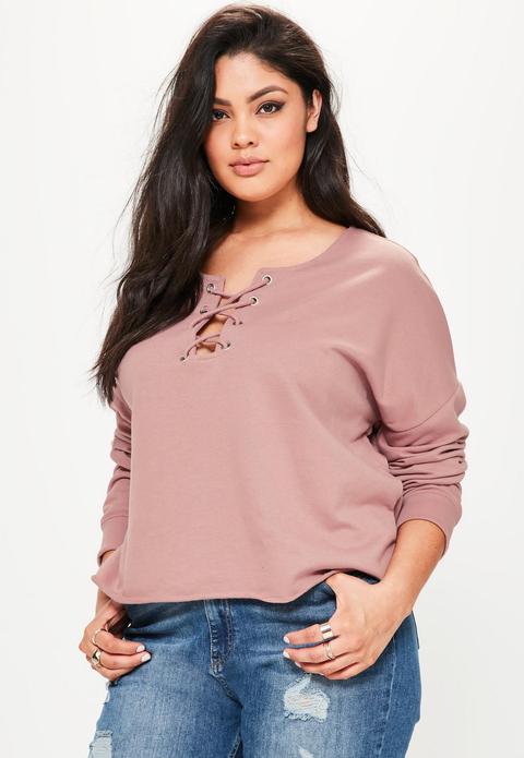 Curve Purple Lace Up Raw Edge Sweater