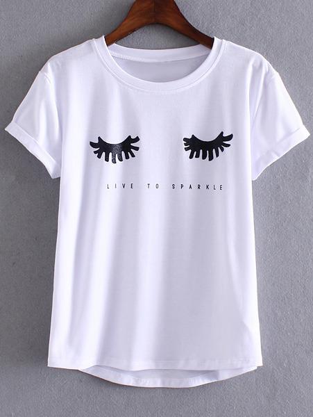 Camiseta Estampada De Pestañas Manga Corta -blanco