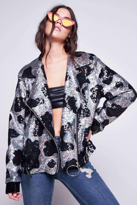 Cow Print Sequin Oversized Biker Jacket