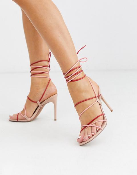 Asos Design Non Stop Strappy Tie Leg Heeled Sandals In Red And Pink-multi