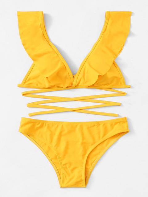 Plain Cascata Bikinis Giallo Costume Da Bagno