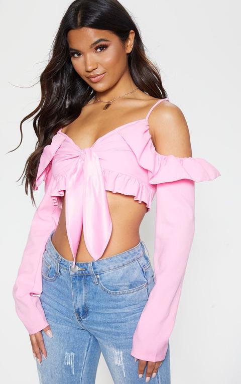 Pink Cold Shoulder Frill Crop Top