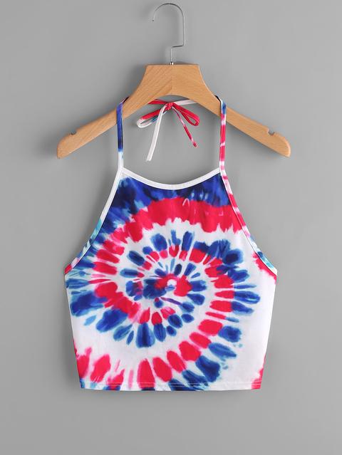 Top Crop A Collo Halter In Stampa Tie Dye