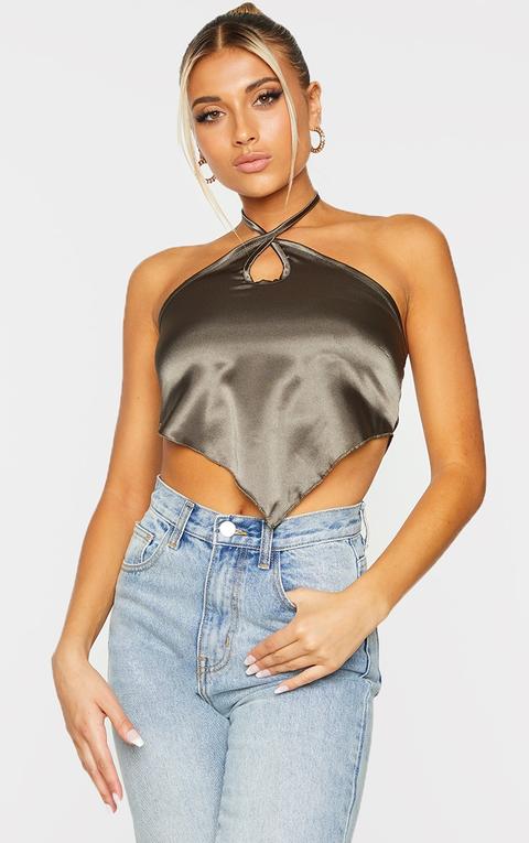 Khaki Satin Halterneck Pointed Hem Crop Top