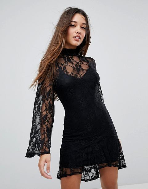 Vestido De Encaje Con Cuello Subido Y Manga Acampanada De Missguided