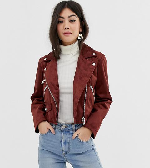 Asos Design Petite - Giacca Biker In Camoscio Sintetico - Marrone