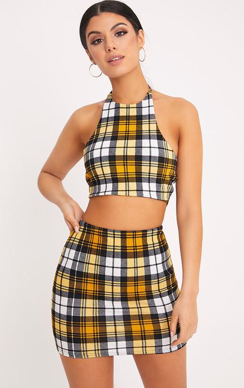 Yellow Check Print Mini Skirt, Yellow