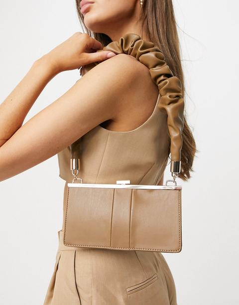 Asos Design Ruched Strap Frame Shoulder Bag In Beige-brown