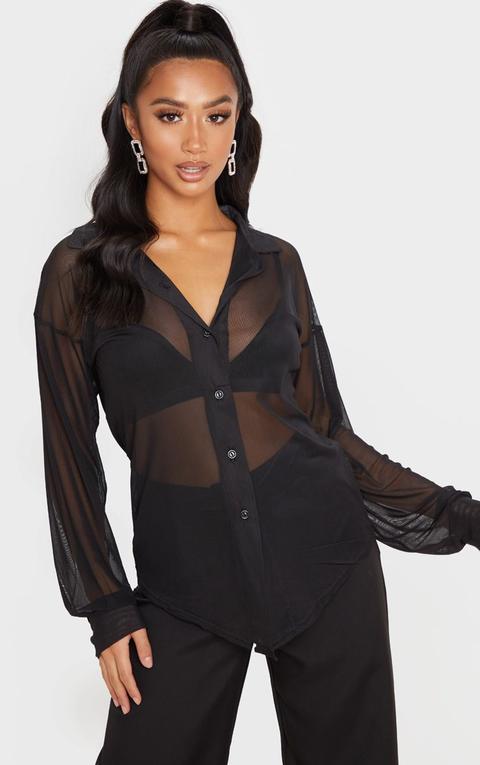 Petite Black Mesh Oversized Shirt