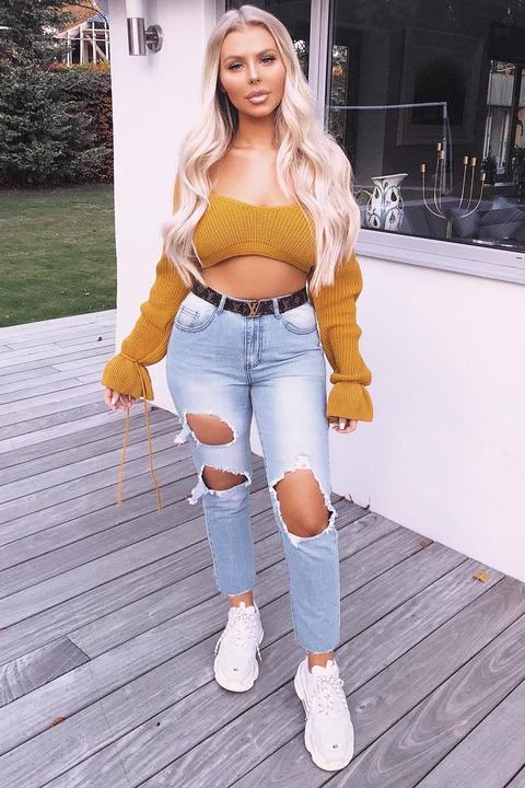 Mustard Plunge Sleeve Detail Crop Jumper - Ivree