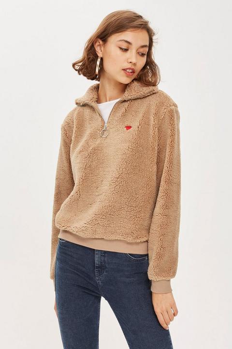 Heart Embroidered Zip Funnel Sweatshirt