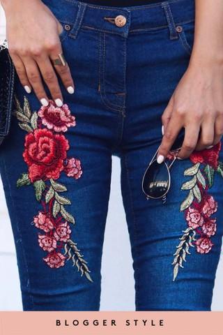 Pia Denim Floral Embroidered Ripped Skinny Jeans