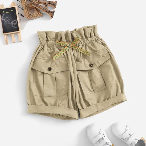 Shorts De Niñas De Doblez Con Bolsillo Con Solapa De Cintura Con Volante Con Nudo