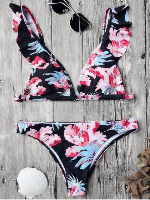 Traje De Bikini De Flores Con Volantes Black