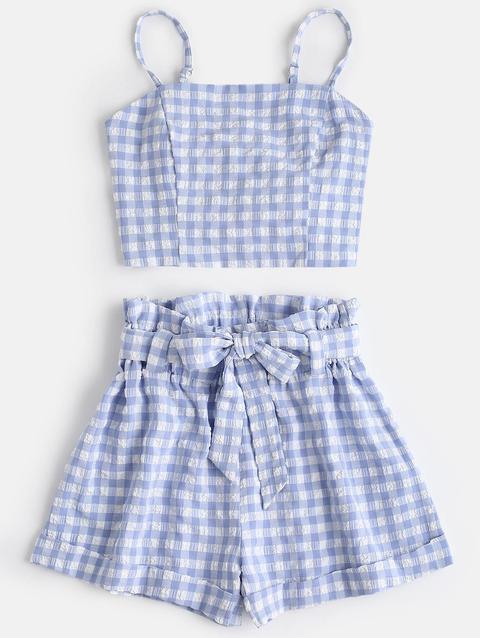 Pantaloncini Con Top E Cintura In Tartan Scozzesi Black Light Blue