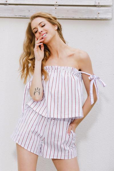 Two Piece Off Shoulder Stripes Romper