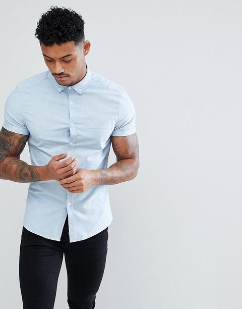 Camisa Oxford Ajustada De Manga Corta Con Diseño Elástico Casual En Gris Azulado Claro De Asos