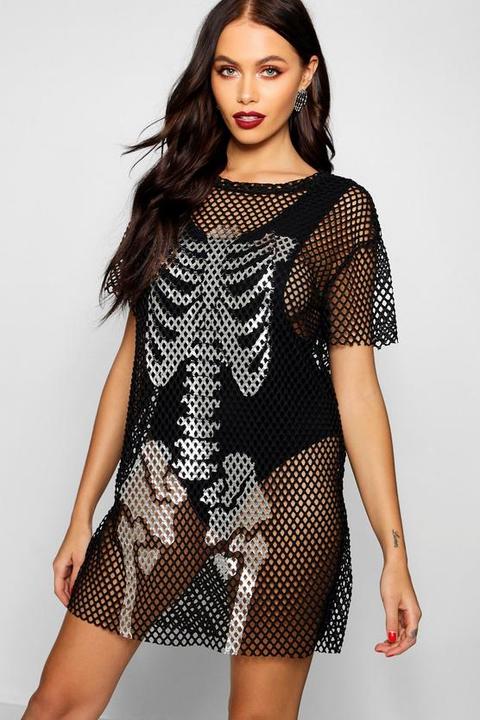 Halloween Foil Print Fishnet Skeleton T-shirt Dress